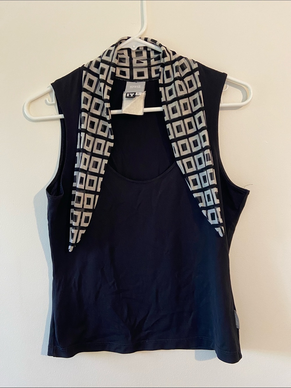 90s Versace Jeans Couture Black Sleeveless Tank with Attached Geometric Scarf